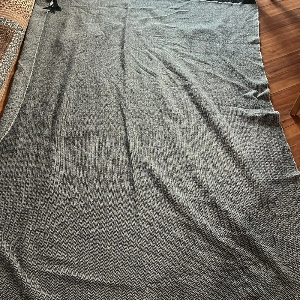 Gray Herringbone Scarf with Black Fringe